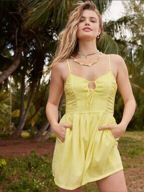 Aerie Sunny Yellow Smocked Romper with Keyhole Front